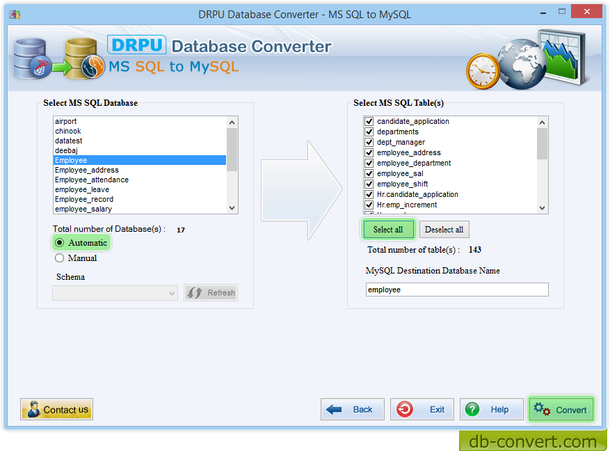 Select MS SQL Database and Tabels to convert