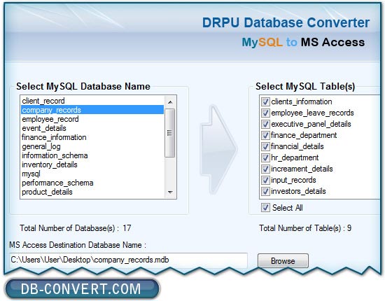 MySQL to MS Access database converter software