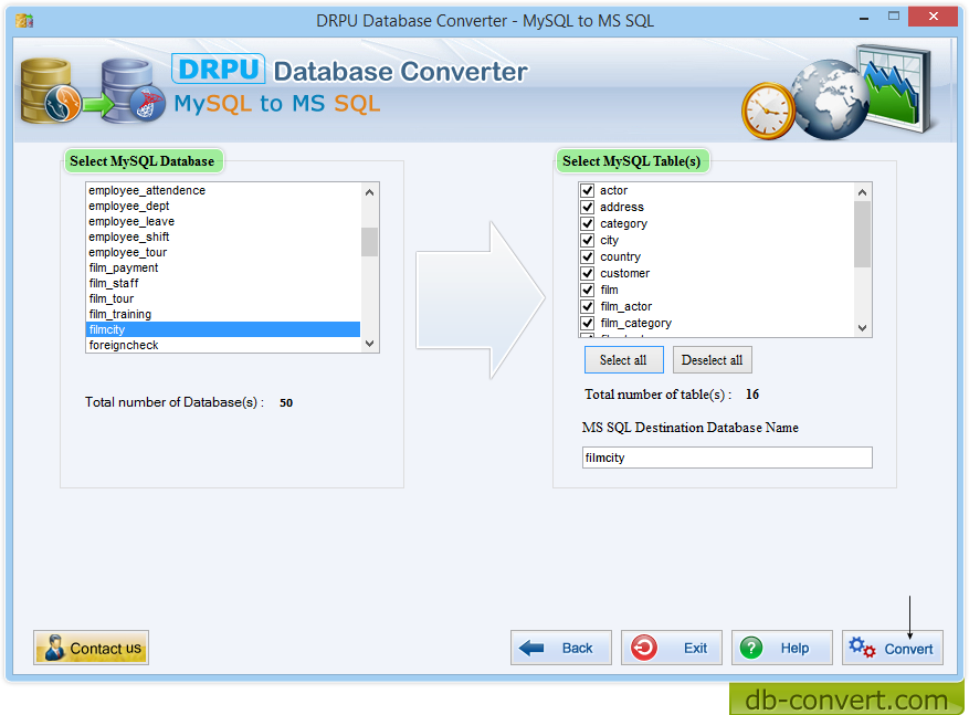 Select MS SQL Database and Tabels to convert