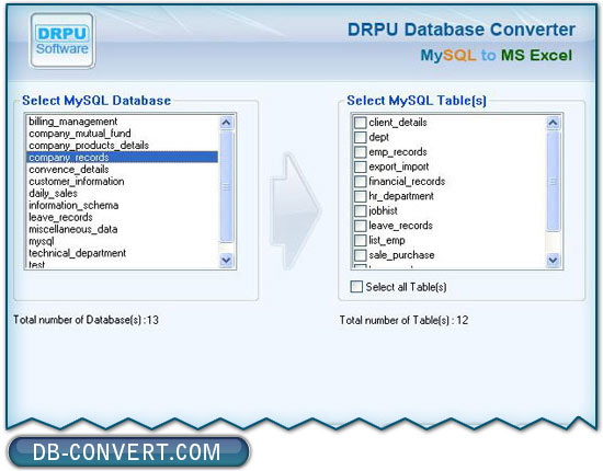 MySQL to MS Excel database converter software
